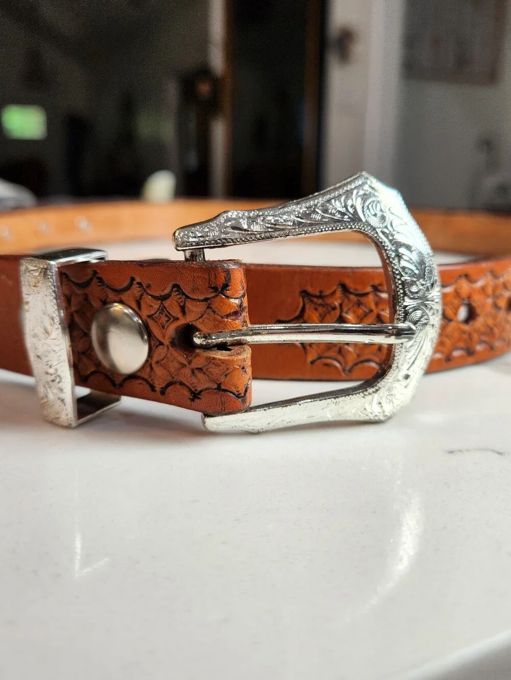 Vintage Size 40 Cuadra Tooled Tan Leather Western Concho Belt